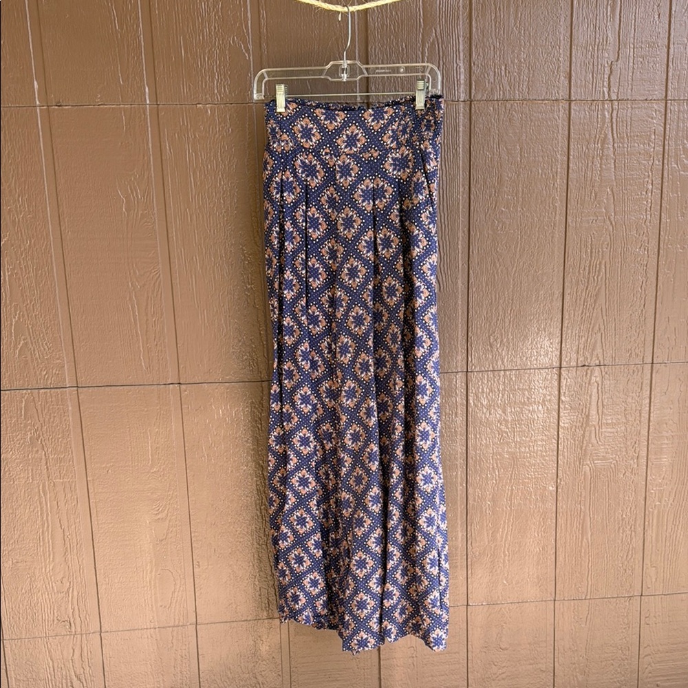 Maeve Navy Blue and Tan Wide Leg Jumpsuit Pants